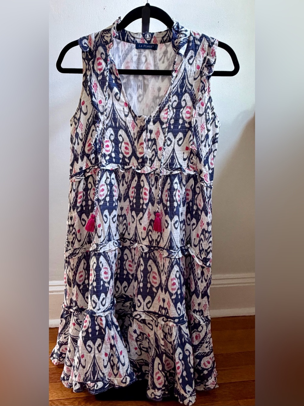 La Plage - Navy White & Fuschia Sleeveless Ikat Dress. xs. List price $320